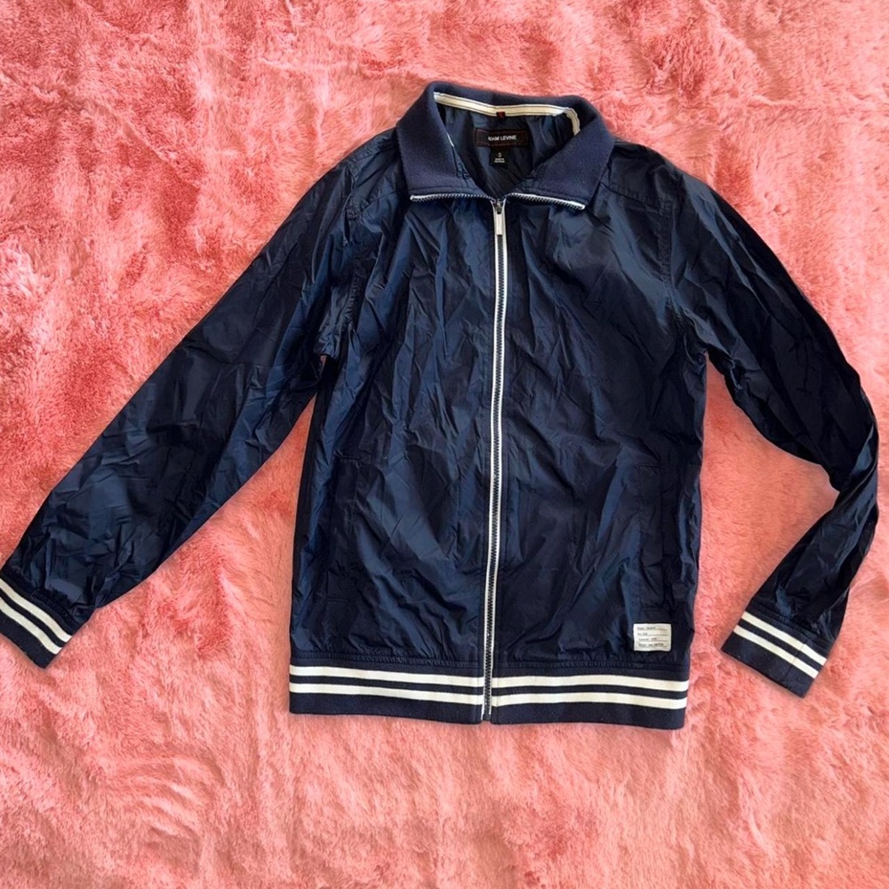Adam Levine Navy blue and white striped zip up windbreaker jacket